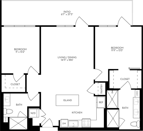 Floor plan for 2 beds, 2 baths, 1234 sqft